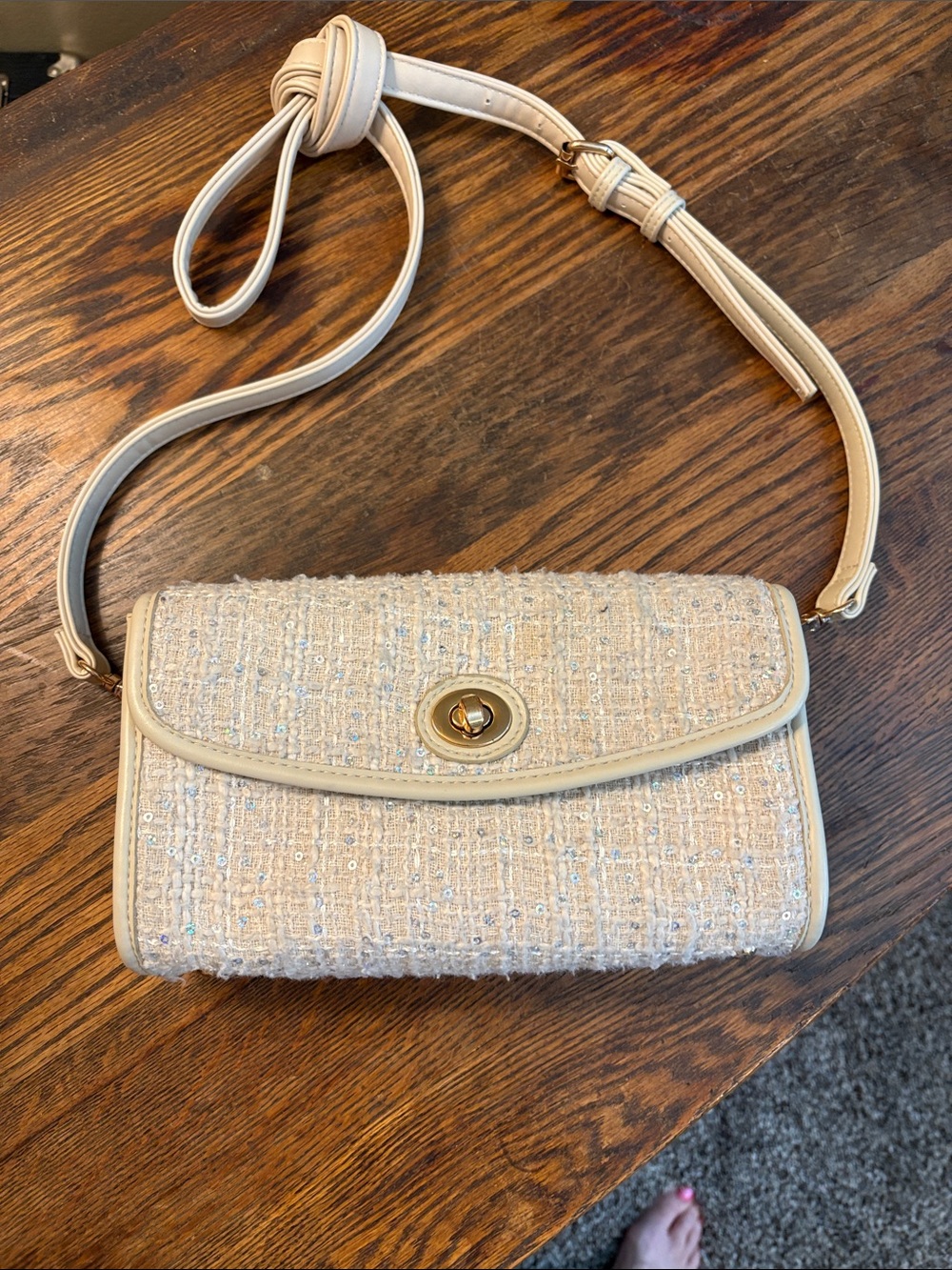 Cato Cream Tweed Crossbody with Gold Turn-Lock